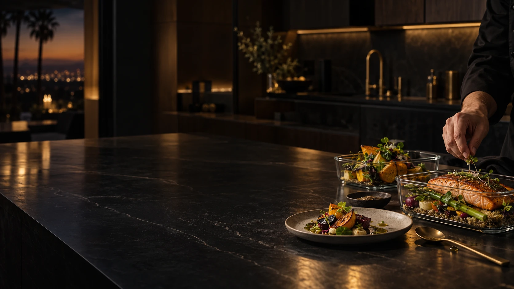 Chef plating a performance meal prep protocol in luxury glass containers on a private estate kitchen island at dusk